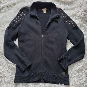 RuffHewn cable knit cardigan sweater black gold studded zipper top sz Large